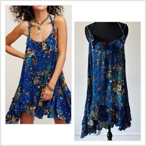 Free People Blue Floral Mini Dress Size Medium Boho Hippie Coastal Cowgirl